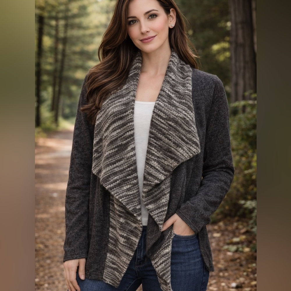 Lucky Brand Cardigan M Open Front Gray Heather Knit Mixed Pattern Sweater